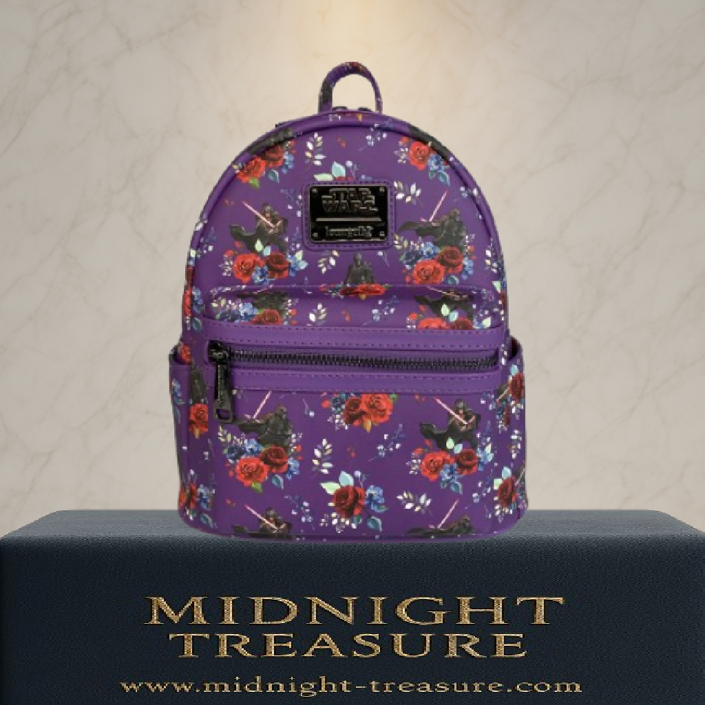 Sac à dos Loungefly – Kylo Ren Floral – Star Wars – 23 x 27 x 11 cm. Sac violet orné de motifs floraux rouges et bleus, avec illustrations de Kylo Ren au sabre laser. Un accessoire élégant et sombre pour les fans de Star Wars.