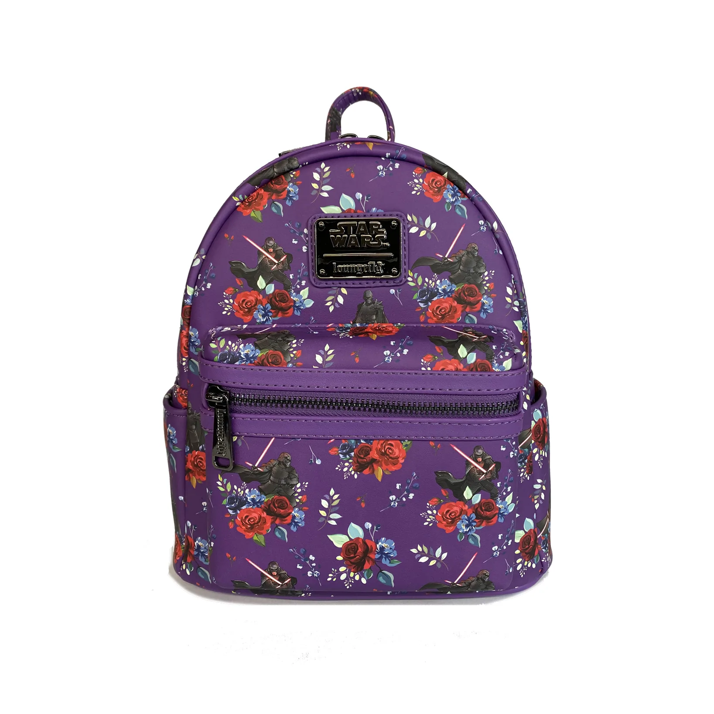 Sac à dos Loungefly – Kylo Ren Floral – Star Wars – 23 x 27 x 11 cm. Sac violet orné de motifs floraux rouges et bleus, avec illustrations de Kylo Ren au sabre laser. Un accessoire élégant et sombre pour les fans de Star Wars.