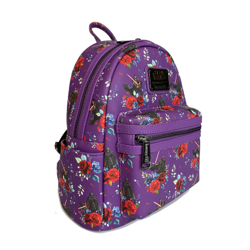 Sac à dos Loungefly – Kylo Ren Floral – Star Wars – 23 x 27 x 11 cm. Sac violet orné de motifs floraux rouges et bleus, avec illustrations de Kylo Ren au sabre laser. Un accessoire élégant et sombre pour les fans de Star Wars.