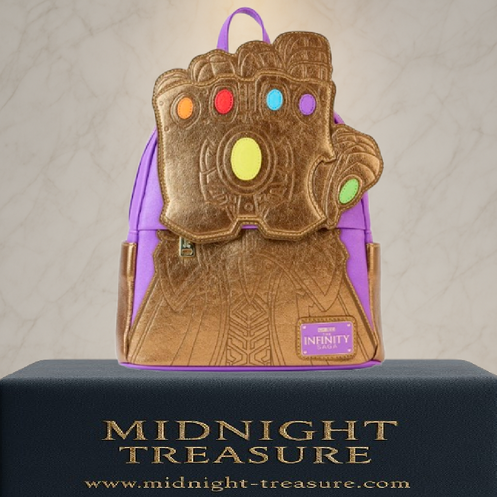 Sac à dos Loungefly – Marvel – Thanos Gauntlet – Infinity Saga – 23 x 27 x 11 cm. Sac or et violet avec gant en relief et pierres colorées. Un modèle puissant et brillant pour les fans de Marvel.

