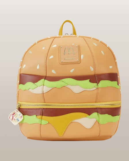 "Sac à Dos Loungefly McDonald's Big Mac Figural. Un sac à dos fun et original en forme de Big Mac avec des détails réalistes de laitue, fromage et sauce, parfait pour les fans de McDonald's et de mode décalée !"

