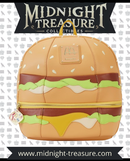 "Sac à Dos Loungefly McDonald's Big Mac Figural. Un sac à dos fun et original en forme de Big Mac avec des détails réalistes de laitue, fromage et sauce, parfait pour les fans de McDonald's et de mode décalée !"

