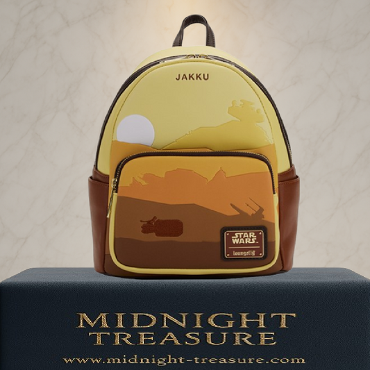 Sac à dos Loungefly – Star Wars – Jakku – 23 x 27 x 11 cm. Sac marron et beige avec design désertique inspiré de la planète Jakku, poche frontale zippée et doublure thématique “In a galaxy far, far away…”.