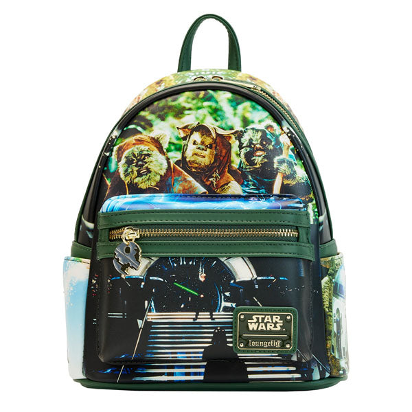 Sac à dos Loungefly – Star Wars Return of the Jedi – 23 x 27 x 11 cm. Sac en simili cuir avec scènes emblématiques du film, poche frontale et doublure thématique.