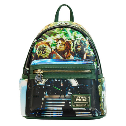 Sac à dos Loungefly – Star Wars Return of the Jedi – 23 x 27 x 11 cm. Sac en simili cuir avec scènes emblématiques du film, poche frontale et doublure thématique.
