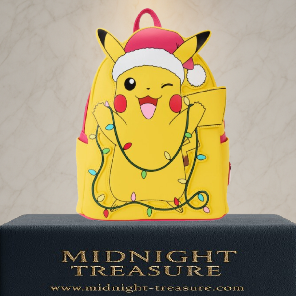 Sac à dos mini Loungefly – Pokémon – Holiday Pikachu – 23 x 27 x 11 cm. Pikachu avec bonnet de Noël et guirlande lumineuse en fibre optique, détails appliqués et doublure festive à motifs Pokéball.