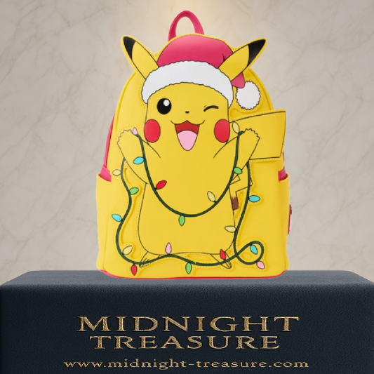 Sac à dos mini Loungefly – Pokémon – Holiday Pikachu – 23 x 27 x 11 cm. Pikachu avec bonnet de Noël et guirlande lumineuse en fibre optique, détails appliqués et doublure festive à motifs Pokéball.