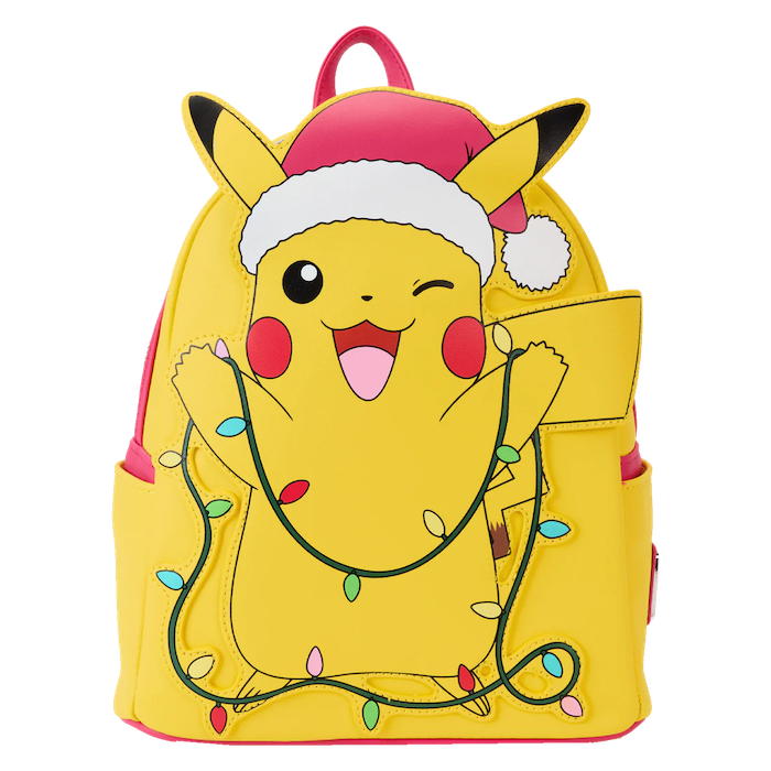 Sac à dos mini Loungefly – Pokémon – Holiday Pikachu – 23 x 27 x 11 cm. Pikachu avec bonnet de Noël et guirlande lumineuse en fibre optique, détails appliqués et doublure festive à motifs Pokéball.