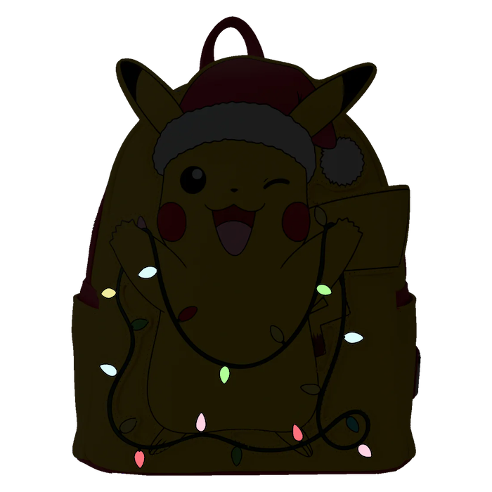 Sac à dos mini Loungefly – Pokémon – Holiday Pikachu – 23 x 27 x 11 cm. Pikachu avec bonnet de Noël et guirlande lumineuse en fibre optique, détails appliqués et doublure festive à motifs Pokéball.