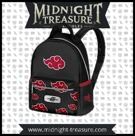 "Sac à Dos Naruto Shippuden – Akatsuki. Design noir avec les nuages rouges emblématiques de l'organisation Akatsuki. Parfait pour les fans de Naruto souhaitant afficher leur côté sombre et mystérieux !"

