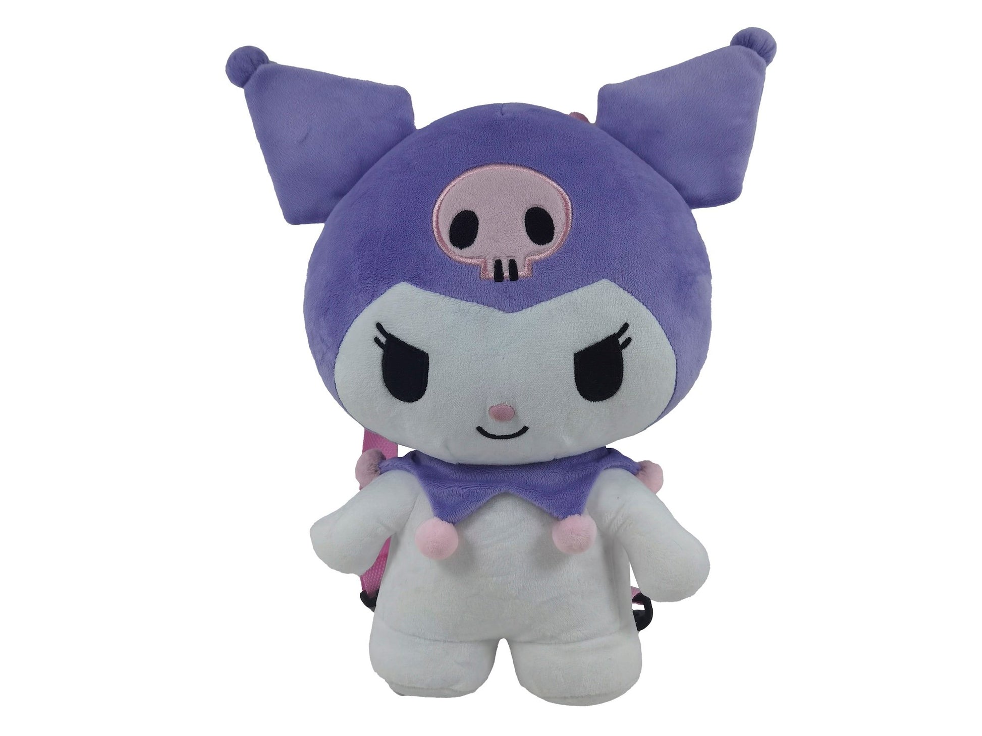 Sac à dos peluche Sanrio – Kuromi Purple – 35 cm. Peluche douce violette et blanche avec bretelles roses, représentant Kuromi avec son chapeau iconique.