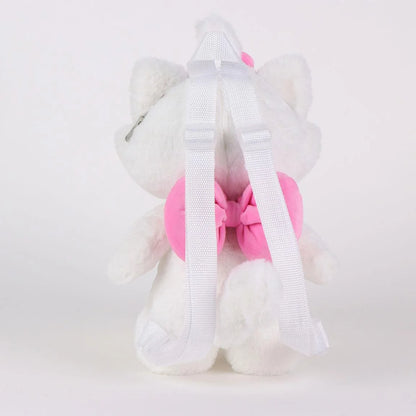 Sac à dos peluche Disney – Marie des Aristochats – 30 x 17 x 11 cm. Peluche blanche douce avec nœud rose, fermeture zippée sur le haut de la tête et bretelles réglables.