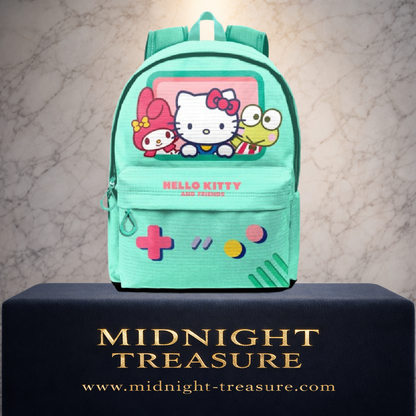 Sac à dos Hello Kitty and Friends Video Game HS FAN 3.0 de 44 x 31 x 18 cm par Karactermania. Sac officiel en polyester avec design console rétro mettant en scène Hello Kitty, My Melody et Keroppi, idéal pour l'école, les études ou les loisirs.
