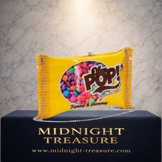 Sac bandoulière Oh My Pop Chococandy 33 cm jaune avec design paquet de bonbons et fenêtre transparente colorée.