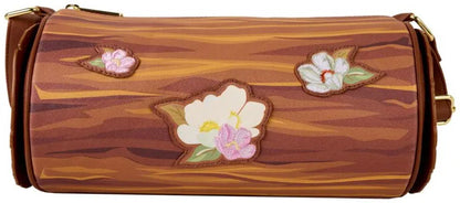 Sac à bandoulière Disney Loungefly – Rox et Rouky – Forêt Florale. Design en forme de tronc d’arbre avec fleurs en relief et illustrations de Rox et Rouky. Un accessoire poétique pour les fans de Disney.