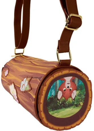 Sac à bandoulière Disney Loungefly – Rox et Rouky – Forêt Florale. Design en forme de tronc d’arbre avec fleurs en relief et illustrations de Rox et Rouky. Un accessoire poétique pour les fans de Disney.
