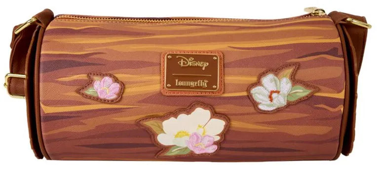 Sac à bandoulière Disney Loungefly – Rox et Rouky – Forêt Florale. Design en forme de tronc d’arbre avec fleurs en relief et illustrations de Rox et Rouky. Un accessoire poétique pour les fans de Disney.