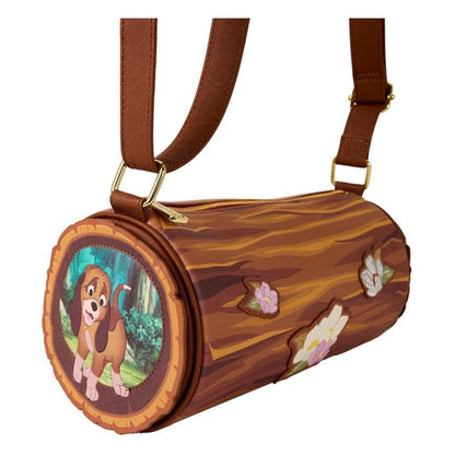 Sac à bandoulière Disney Loungefly – Rox et Rouky – Forêt Florale. Design en forme de tronc d’arbre avec fleurs en relief et illustrations de Rox et Rouky. Un accessoire poétique pour les fans de Disney.