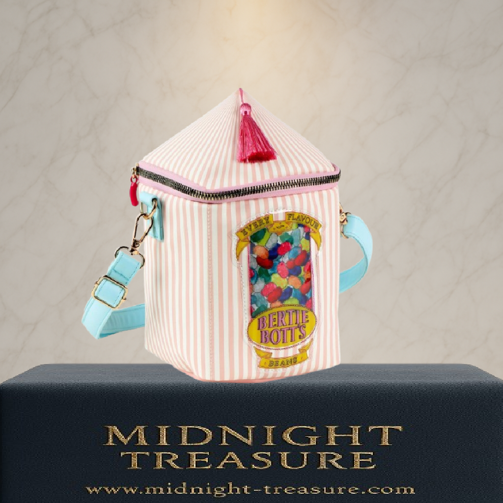Sac à bandoulière Harry Potter – Honeydukes – 22,5 x 12 x 12 cm. Sac en forme de boîte Bertie Bott’s, avec rayures pastel, bandeau Every Flavour Beans et bandoulière bleu pastel.