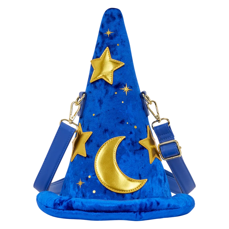 Sac bandoulière Loungefly Disney Fantasia Magician’s Hat – 19 x 32 x 15 cm. Sac figural en velours bleu avec étoiles et lune dorées, inspiré du chapeau de l’Apprenti Sorcier.