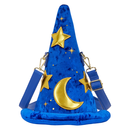 Sac bandoulière Loungefly Disney Fantasia Magician’s Hat – 19 x 32 x 15 cm. Sac figural en velours bleu avec étoiles et lune dorées, inspiré du chapeau de l’Apprenti Sorcier.