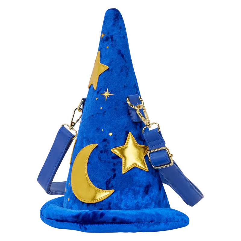 Sac bandoulière Loungefly Disney Fantasia Magician’s Hat – 19 x 32 x 15 cm. Sac figural en velours bleu avec étoiles et lune dorées, inspiré du chapeau de l’Apprenti Sorcier.