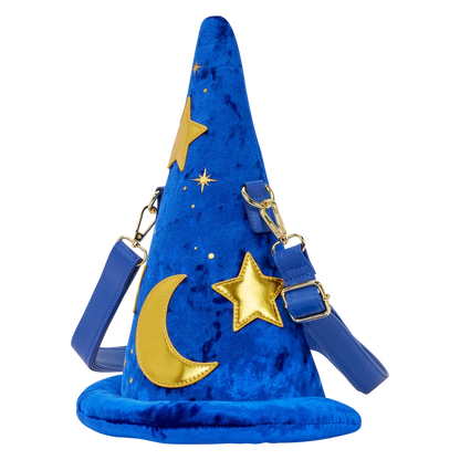 Sac bandoulière Loungefly Disney Fantasia Magician’s Hat – 19 x 32 x 15 cm. Sac figural en velours bleu avec étoiles et lune dorées, inspiré du chapeau de l’Apprenti Sorcier.