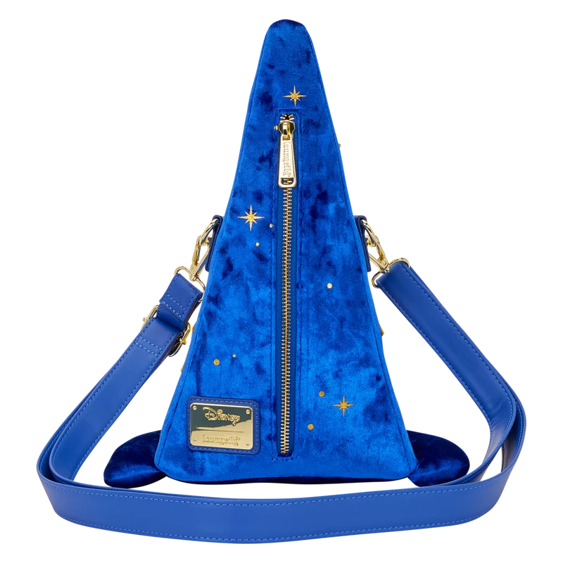 Sac bandoulière Loungefly Disney Fantasia Magician’s Hat – 19 x 32 x 15 cm. Sac figural en velours bleu avec étoiles et lune dorées, inspiré du chapeau de l’Apprenti Sorcier.