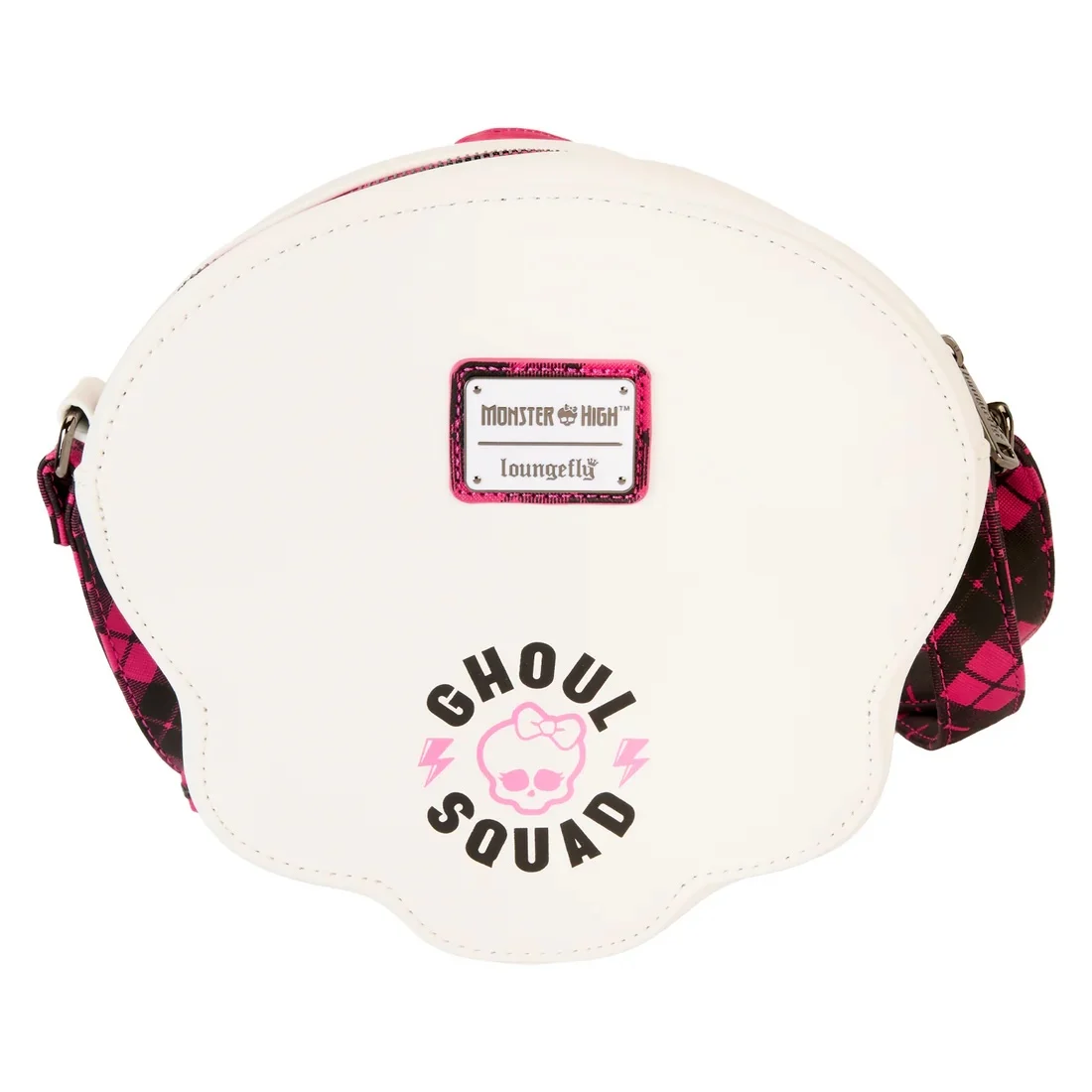 Sac Loungefly – Monster High – Ghoul Squad – 24 x 29,2 x 10,1 cm. Sac en forme de tête de mort avec nœud rose et bandoulière tartan. Un accessoire original pour les fans de Monster High.