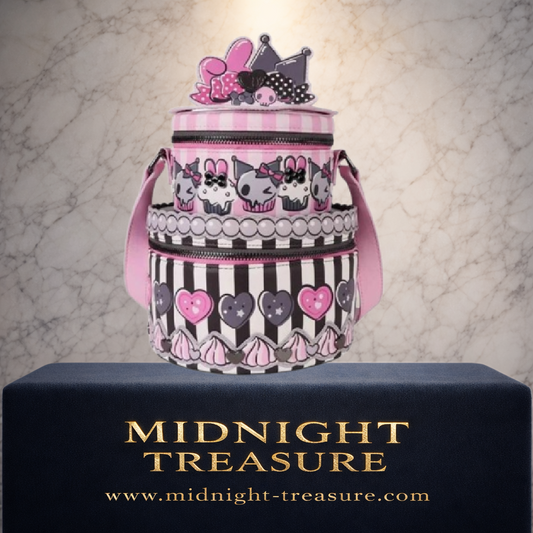 Sac Bandoulière Loungefly My Melody & Kuromi – Sanrio – 18 x 19 x 13 cm. Sac en forme de gâteau avec deux compartiments zippés, décor pâtissier kawaii et illustrations de My Melody et Kuromi sous licence officielle.