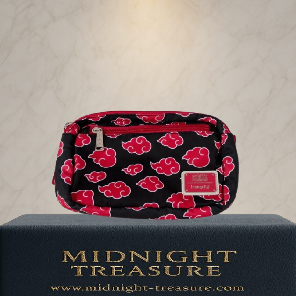 Sac bandoulière Loungefly – Naruto Shippuden – Akatsuki – 26 x 14 x 4 cm. Motif nuages rouges emblématiques, tirette kunai et sangle ajustable. Accessoire officiel pour fans de Naruto.