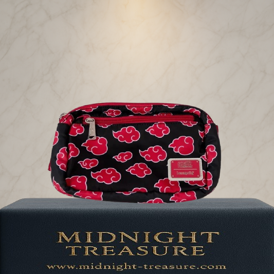 Sac bandoulière Loungefly – Naruto Shippuden – Akatsuki – 26 x 14 x 4 cm. Motif nuages rouges emblématiques, tirette kunai et sangle ajustable. Accessoire officiel pour fans de Naruto.