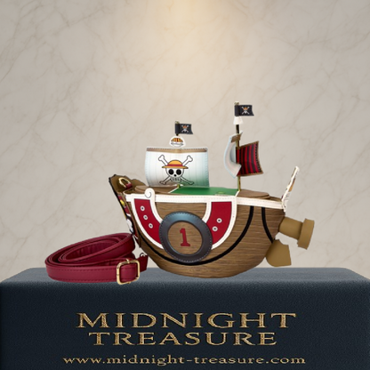 Sac bandoulière Loungefly One Piece – Thousand Sunny figural – 24,1 x 19,1 x 14 cm. Accessoire en simili cuir représentant le navire Thousand Sunny en 3D, avec voiles, mascotte lion et détails embossés.