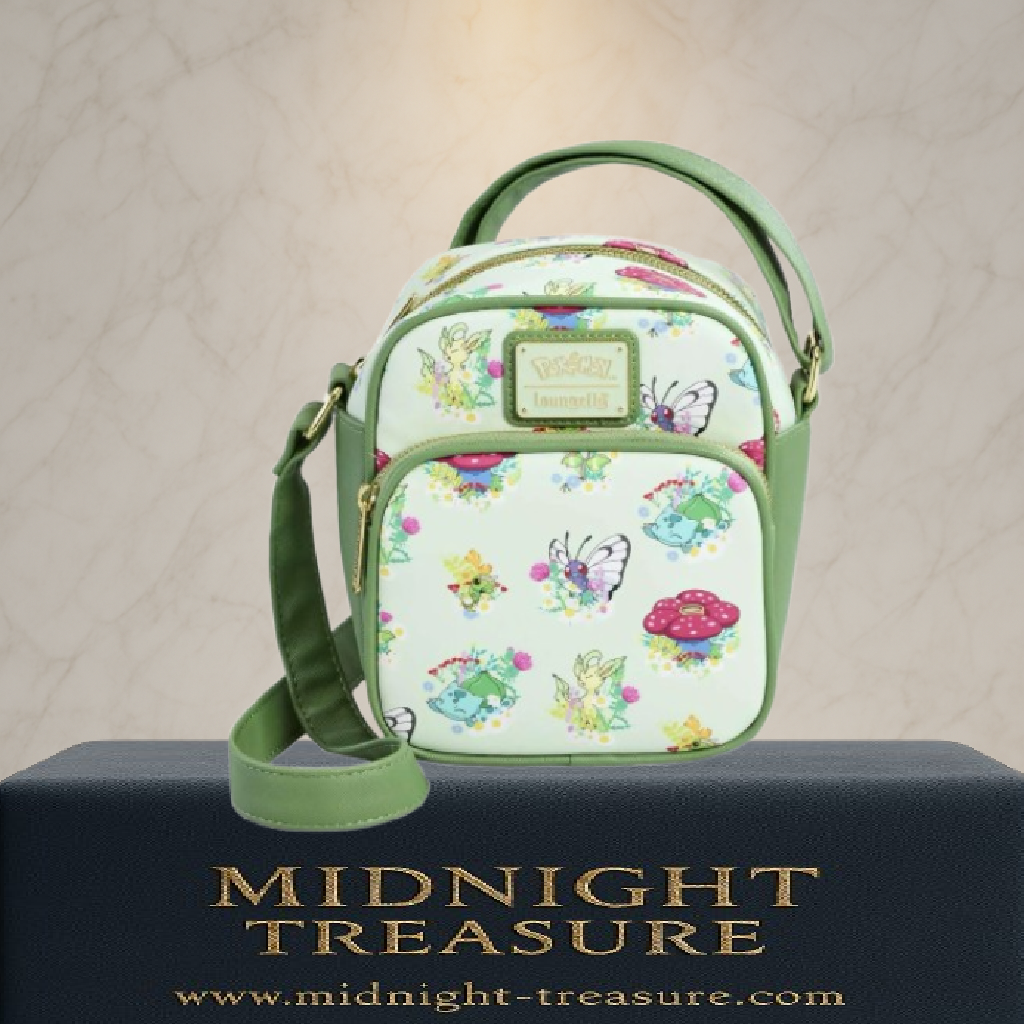 Sac bandoulière Loungefly – Pokémon Type Plante – 23 x 27 x 6 cm. Sac vert pastel avec Pokémon Bulbizarre, Joliflor, Ortide et Papilusion sur fond floral, doublure Poké Balls et marguerites.