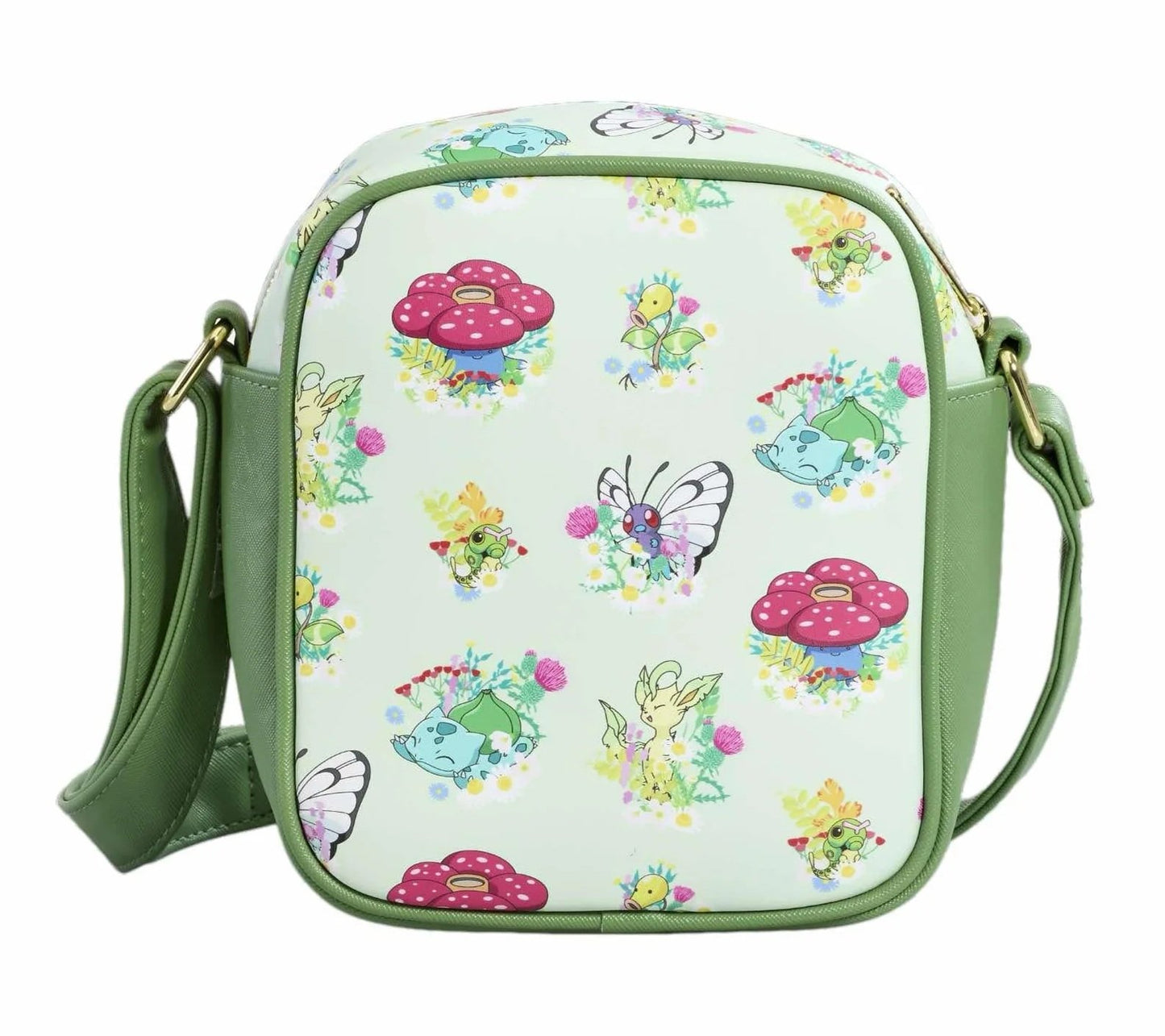 Sac bandoulière Loungefly – Pokémon Type Plante – 23 x 27 x 6 cm. Sac vert pastel avec Pokémon Bulbizarre, Joliflor, Ortide et Papilusion sur fond floral, doublure Poké Balls et marguerites.