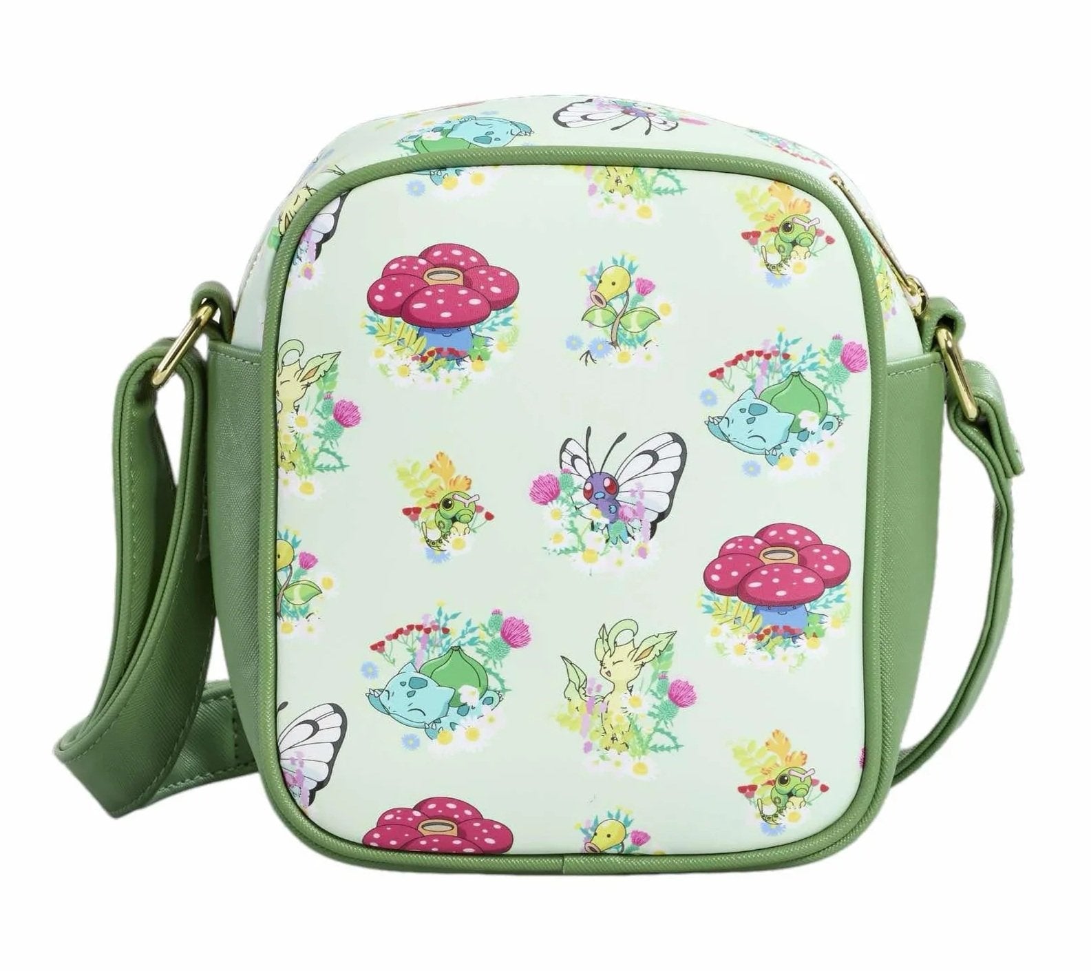 Sac bandoulière Loungefly – Pokémon Type Plante – 23 x 27 x 6 cm. Sac vert pastel avec Pokémon Bulbizarre, Joliflor, Ortide et Papilusion sur fond floral, doublure Poké Balls et marguerites.