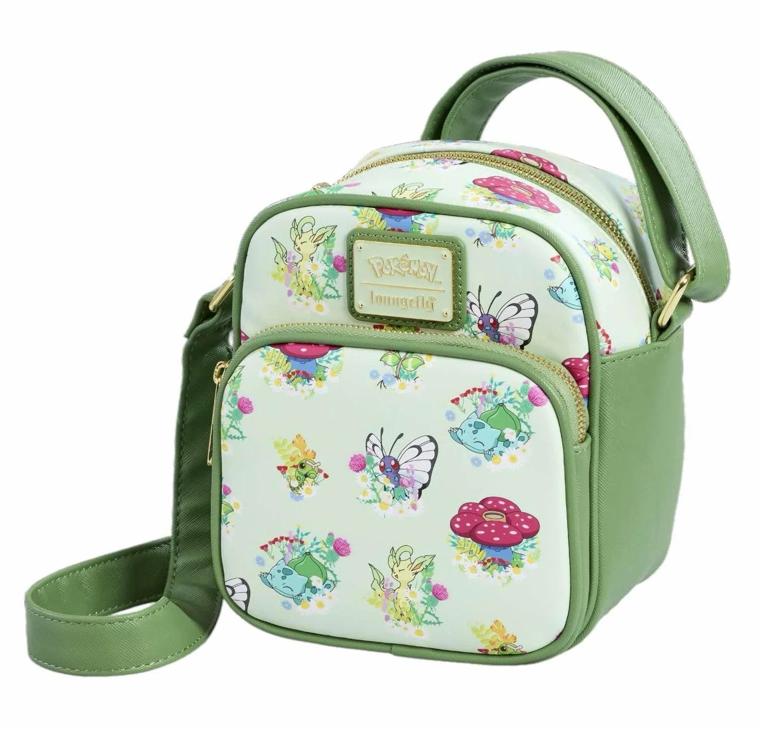 Sac bandoulière Loungefly – Pokémon Type Plante – 23 x 27 x 6 cm. Sac vert pastel avec Pokémon Bulbizarre, Joliflor, Ortide et Papilusion sur fond floral, doublure Poké Balls et marguerites.