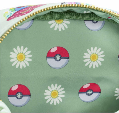 Sac bandoulière Loungefly – Pokémon Type Plante – 23 x 27 x 6 cm. Sac vert pastel avec Pokémon Bulbizarre, Joliflor, Ortide et Papilusion sur fond floral, doublure Poké Balls et marguerites.