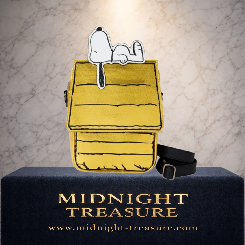 Sac bandoulière Loungefly Peanuts 75e anniversaire – Snoopy sur sa niche – 24 x 18 x 10 cm. Sac collector doré inspiré de la célèbre niche de Snoopy avec détails premium et finition métallisée.