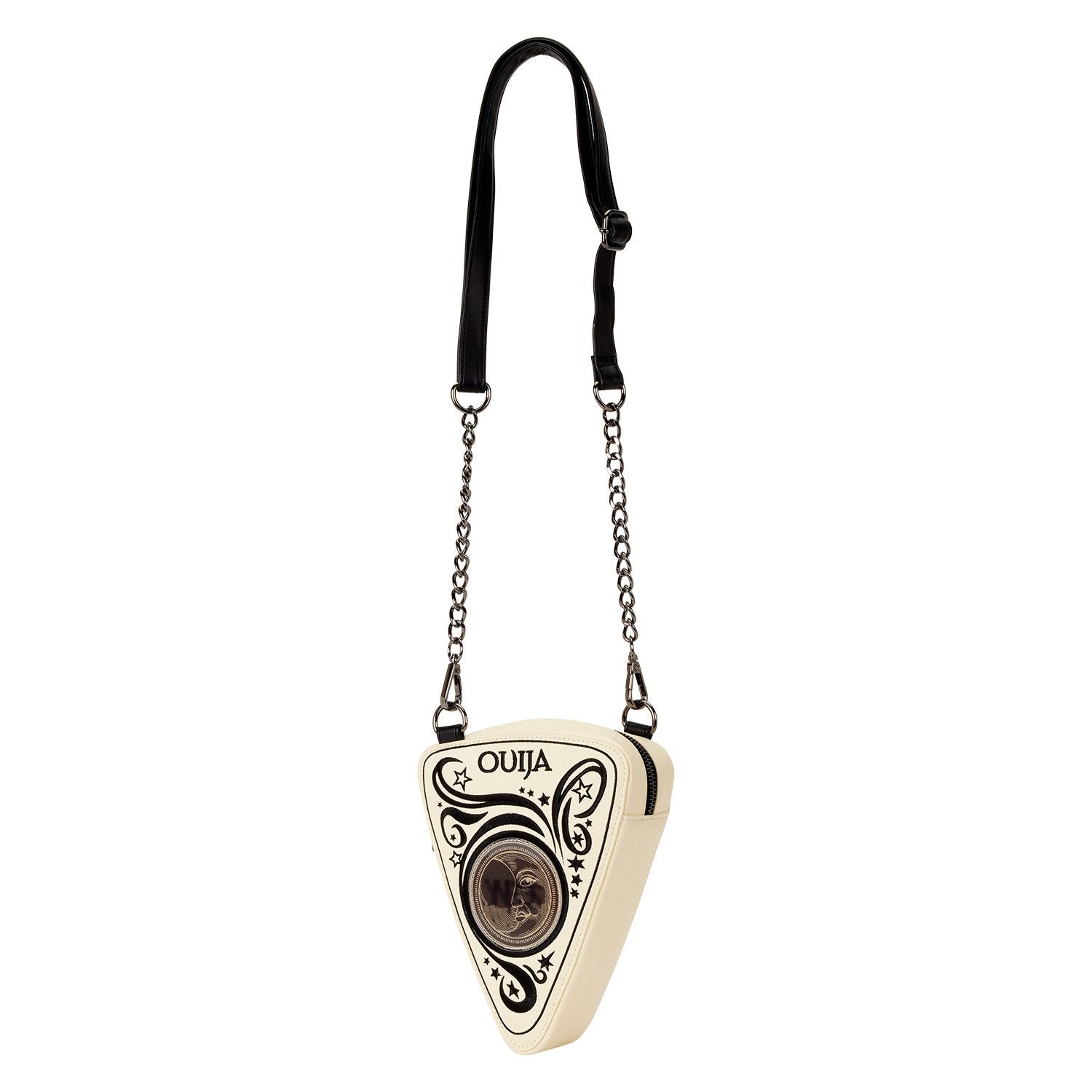 Sac à bandoulière Loungefly – Ouija Planchette Lenticulaire Glow Figural. Forme de planchette avec effet YES/NO et finitions gothiques. Un sac mystique pour les fans d’ésotérisme et de mode alternative.