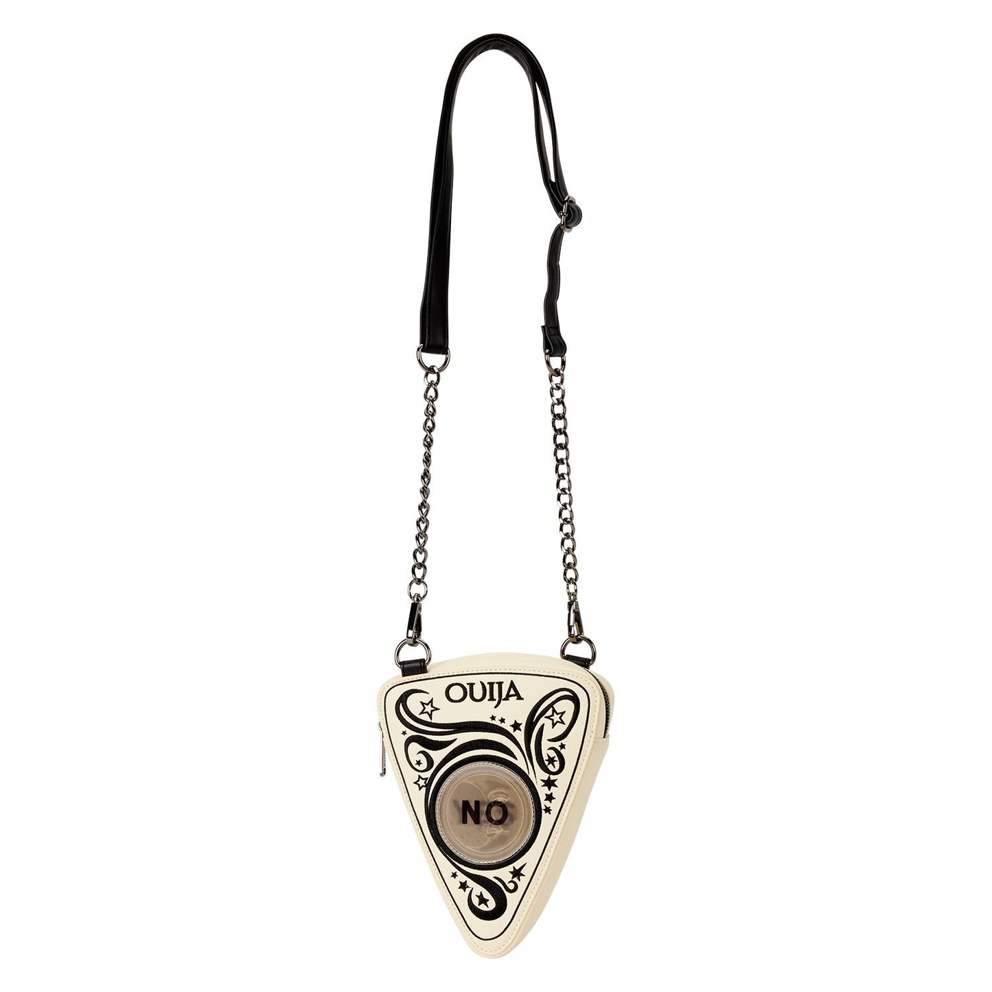 Sac à bandoulière Loungefly – Ouija Planchette Lenticulaire Glow Figural. Forme de planchette avec effet YES/NO et finitions gothiques. Un sac mystique pour les fans d’ésotérisme et de mode alternative.