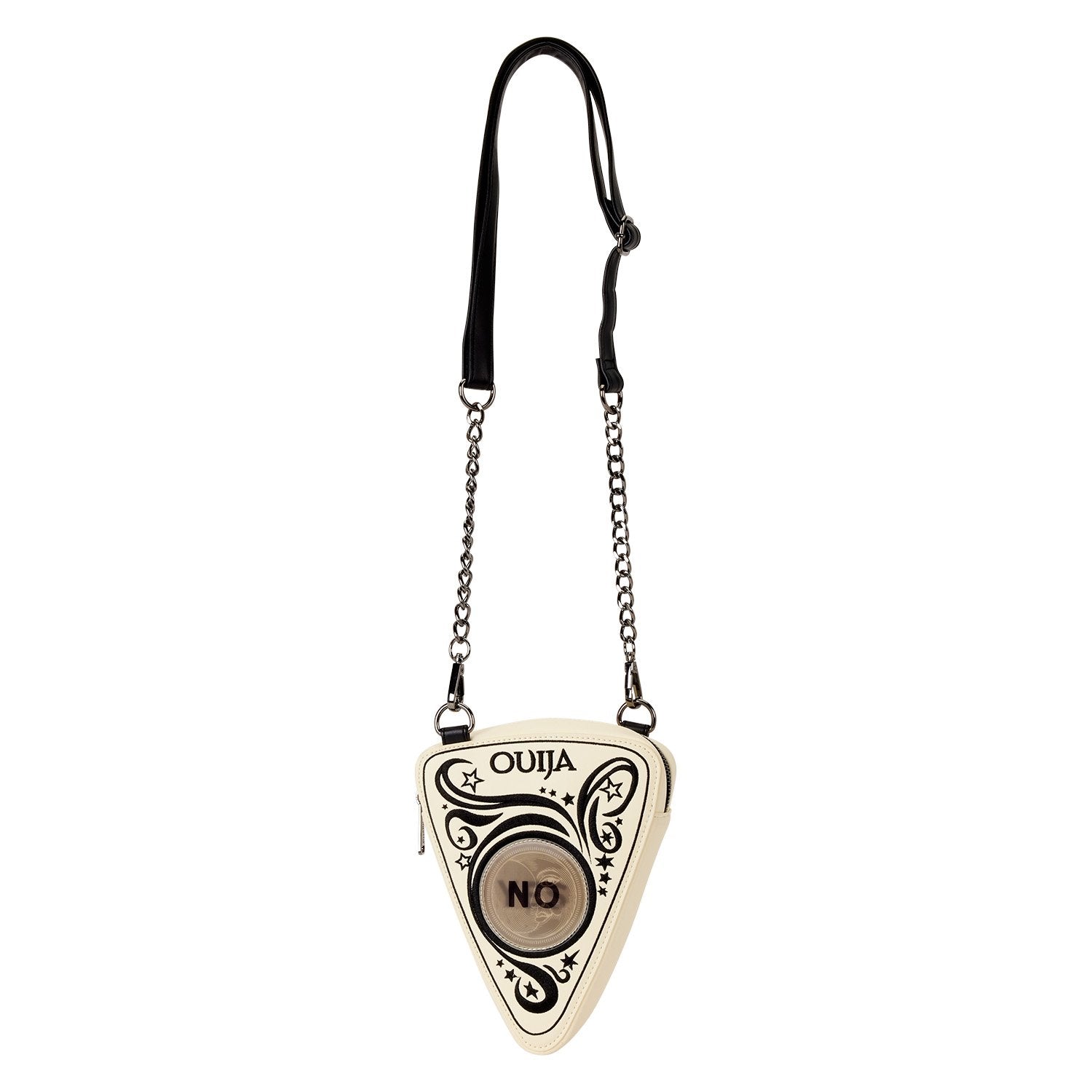 Sac à bandoulière Loungefly – Ouija Planchette Lenticulaire Glow Figural. Forme de planchette avec effet YES/NO et finitions gothiques. Un sac mystique pour les fans d’ésotérisme et de mode alternative.