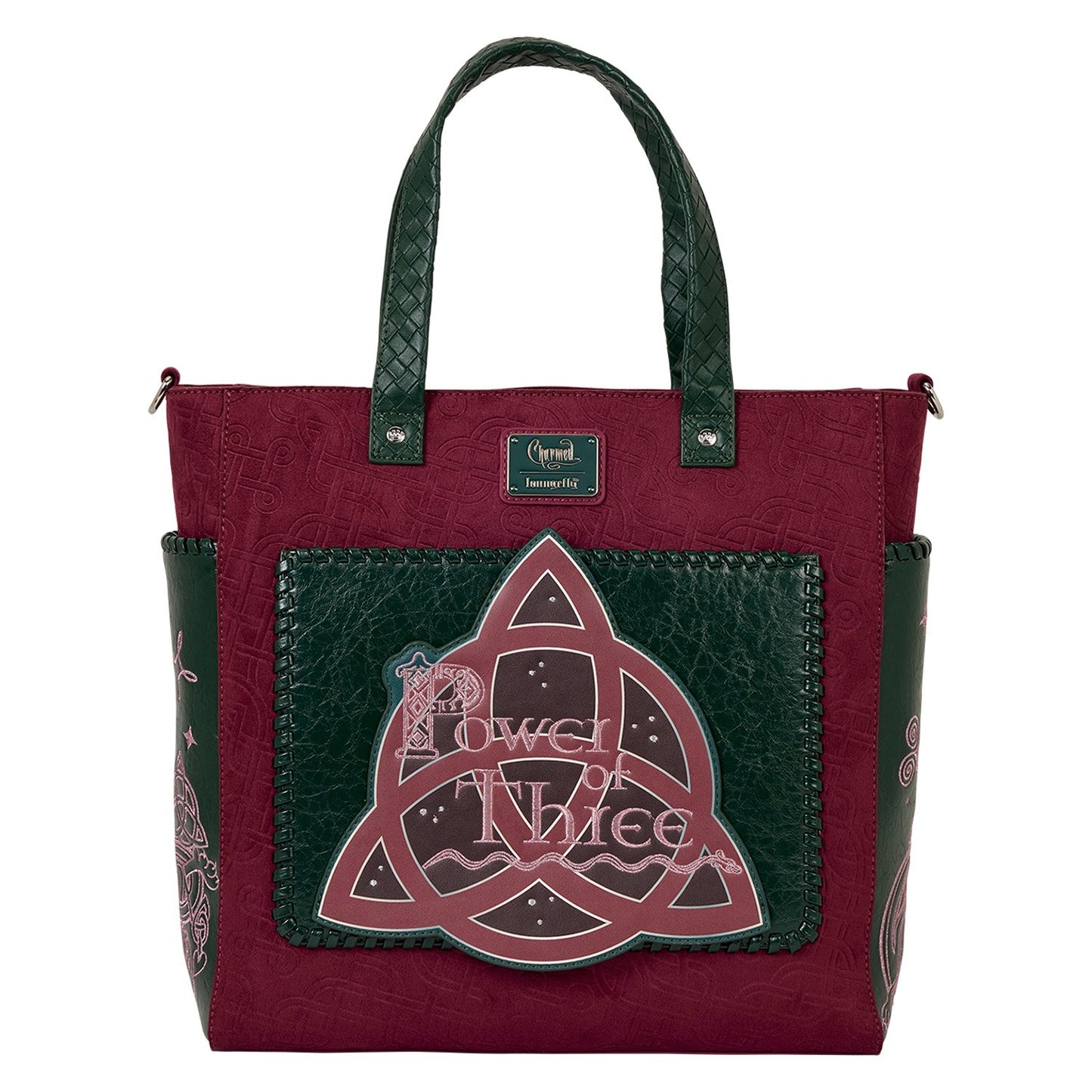 Sac convertible Loungefly – Charmed – Power of Three – 33 x 33 x 10 cm. Sac bordeaux et vert en simili cuir avec détails mystiques et symbole du nœud celtique. Convertible en tote bag ou sac à dos.

