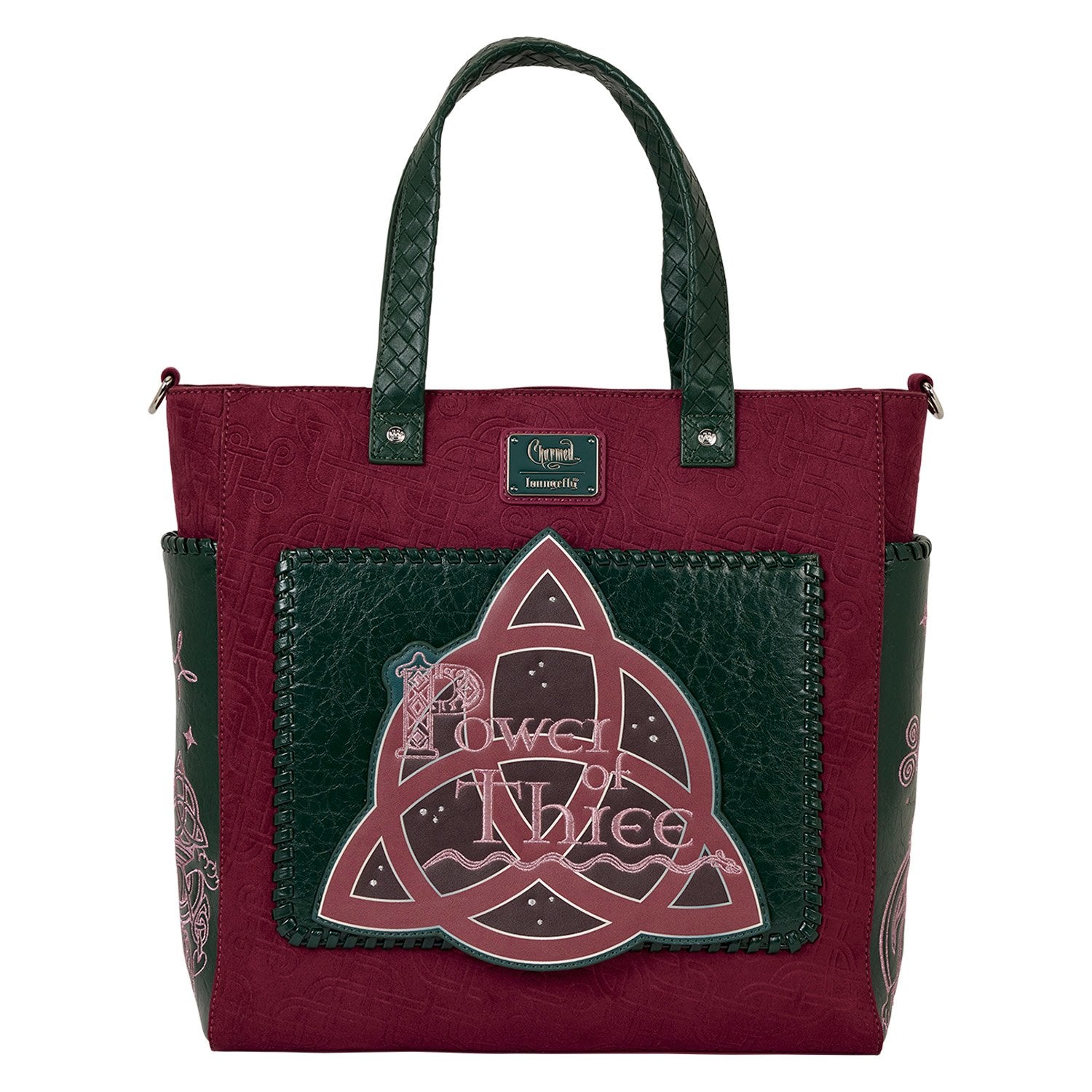 Sac convertible Loungefly – Charmed – Power of Three – 33 x 33 x 10 cm. Sac bordeaux et vert en simili cuir avec détails mystiques et symbole du nœud celtique. Convertible en tote bag ou sac à dos.

