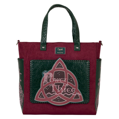 Sac convertible Loungefly – Charmed – Power of Three – 33 x 33 x 10 cm. Sac bordeaux et vert en simili cuir avec détails mystiques et symbole du nœud celtique. Convertible en tote bag ou sac à dos.

