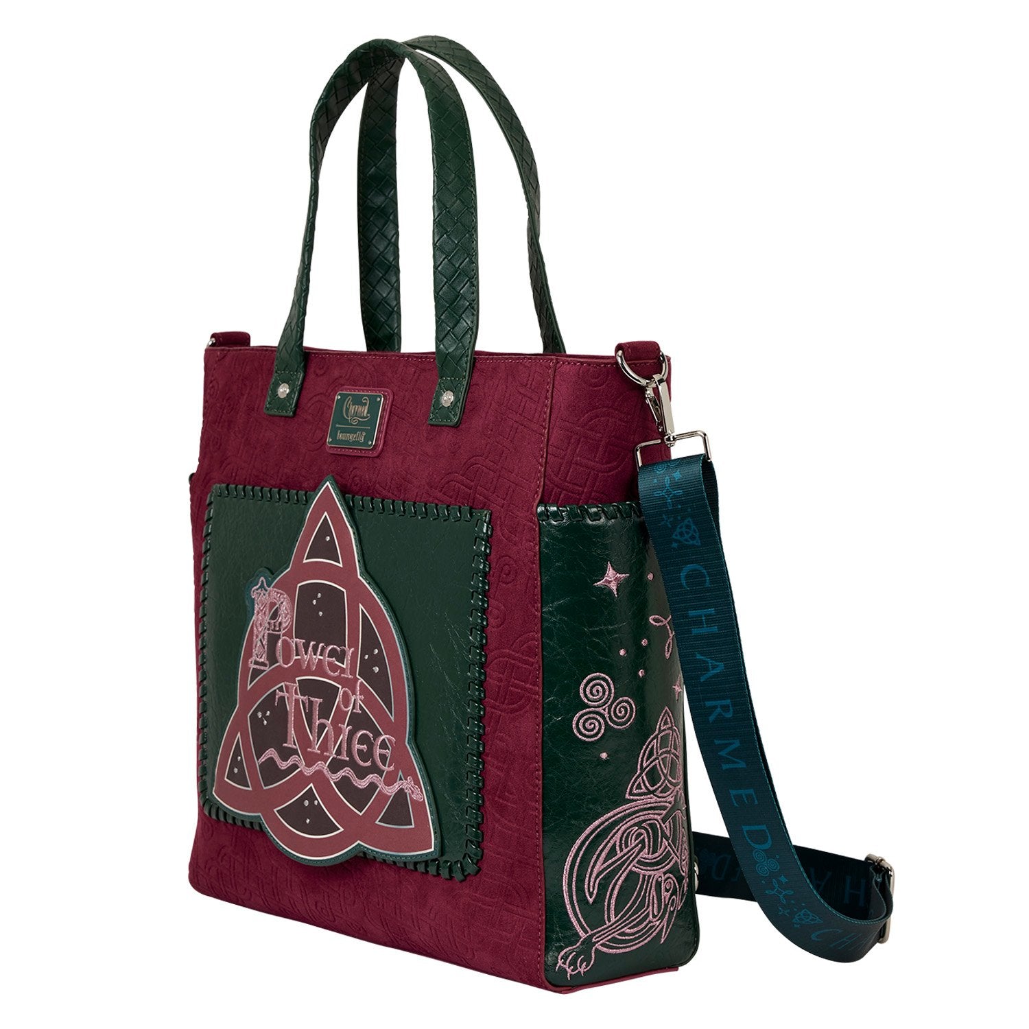 Sac convertible Loungefly – Charmed – Power of Three – 33 x 33 x 10 cm. Sac bordeaux et vert en simili cuir avec détails mystiques et symbole du nœud celtique. Convertible en tote bag ou sac à dos.

