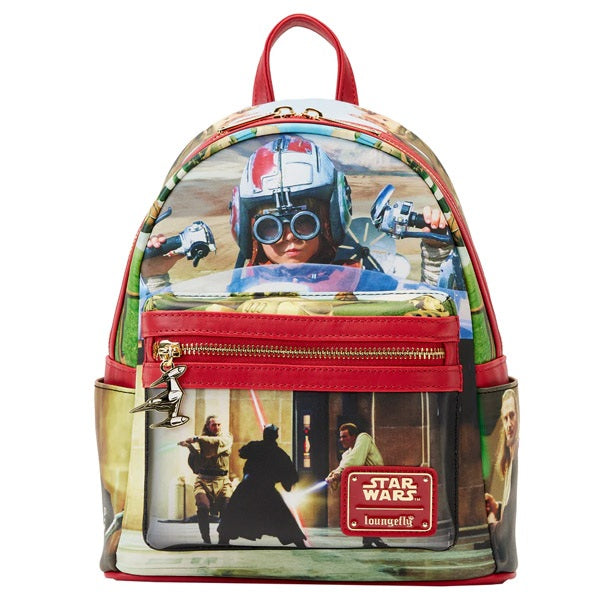 Sac à dos Loungefly – Star Wars: Episode I – The Phantom Menace – 23x11x25 cm. Mini sac vibrant avec visuels cultes du film, doublure exclusive, charm Naboo. Un must-have pour les fans de Star Wars. 👑


