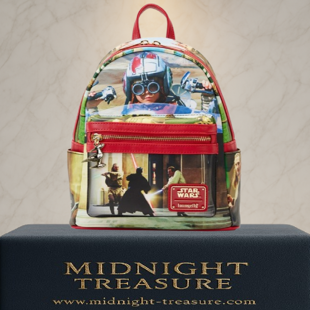 Sac à dos Loungefly – Star Wars: Episode I – The Phantom Menace – 23x11x25 cm. Mini sac vibrant avec visuels cultes du film, doublure exclusive, charm Naboo. Un must-have pour les fans de Star Wars. 👑

