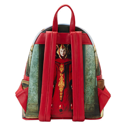 Sac à dos Loungefly – Star Wars: Episode I – The Phantom Menace – 23x11x25 cm. Mini sac vibrant avec visuels cultes du film, doublure exclusive, charm Naboo. Un must-have pour les fans de Star Wars. 👑

