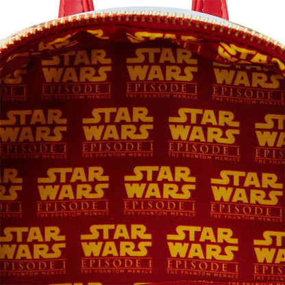 Sac à dos Loungefly – Star Wars: Episode I – The Phantom Menace – 23x11x25 cm. Mini sac vibrant avec visuels cultes du film, doublure exclusive, charm Naboo. Un must-have pour les fans de Star Wars. 👑

